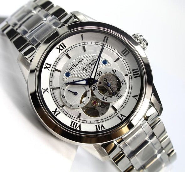 Shop Authentic Bulova BVA Series Dual Aperture Silver Dial Silver Steel Strap Watch for Men - 96A118 - Luxxuri