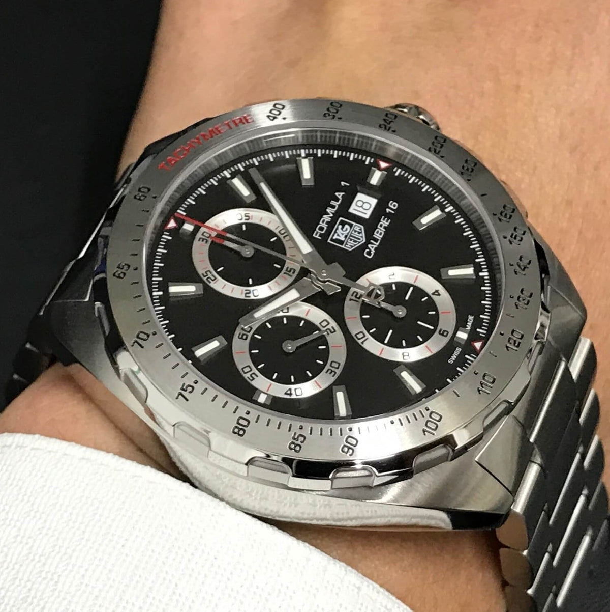 Shop Authentic Tag Heuer Formula 1 Calibre 16 Automatic Chronograph Black Dial Silver Steel Strap Watch for Men - CAZ2010.BA0876 - Luxxuri