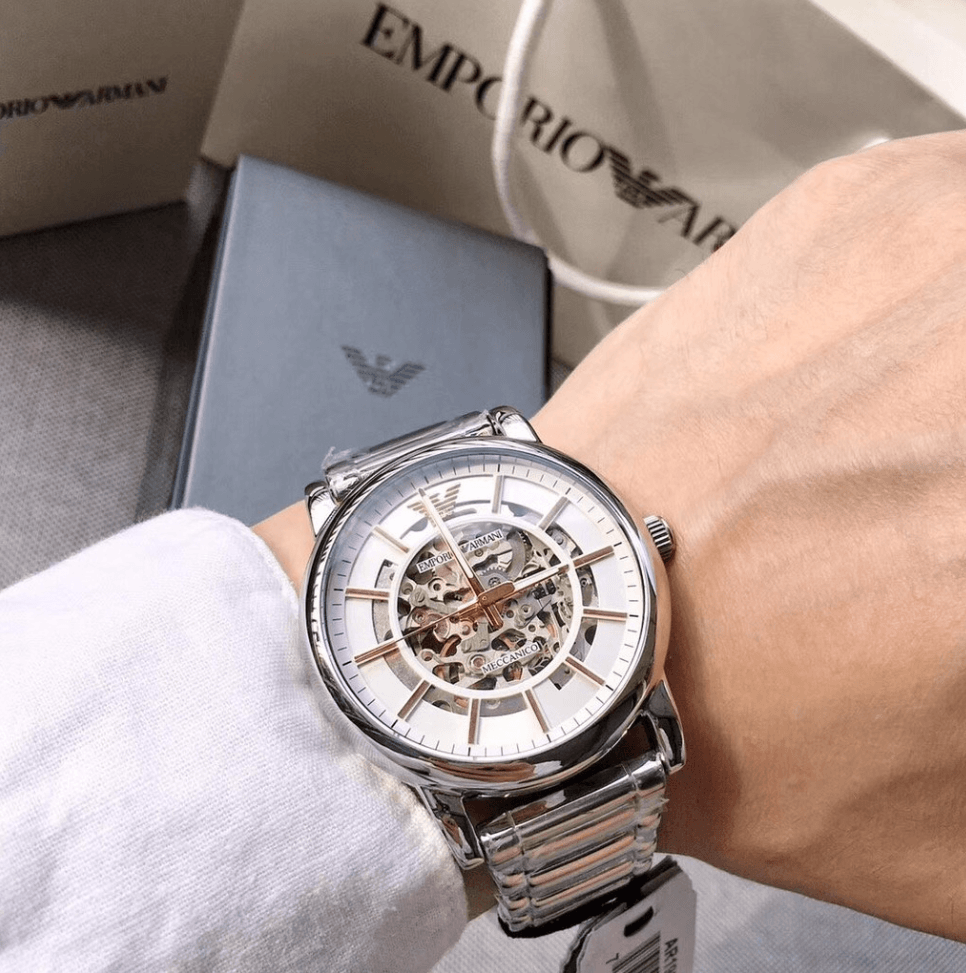Shop Authentic Emporio Armani Meccanico Skeleton Silver Dial Silver Steel Strap Watch For Men - AR1980 - Luxxuri