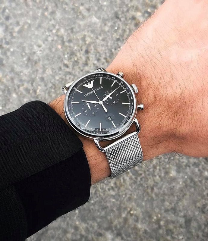 Shop Authentic Emporio Armani Chronograph Black Dial Silver Mesh Bracelet Watch For Men - AR11104 - Luxxuri