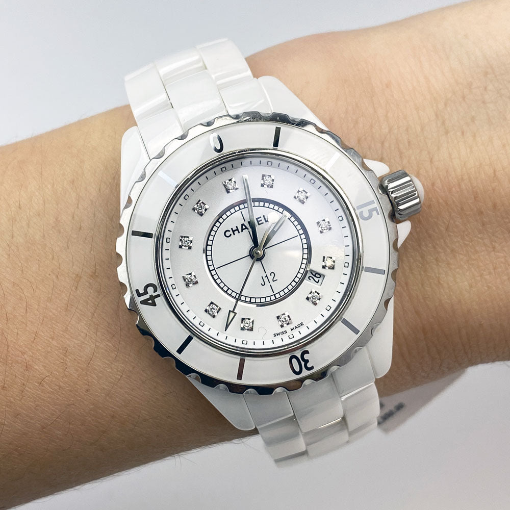 Shop Authentic Chanel J12 Quartz Diamonds White Dial White Steel Strap Watch for Women - J12 H5703 - Luxxuri