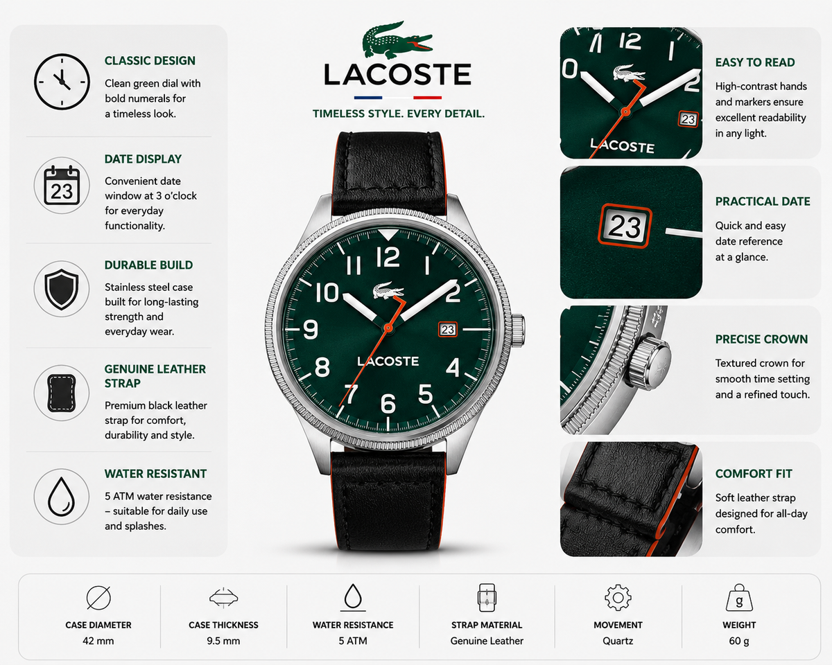 Lacoste Continental Green Dial Black Leather Strap Watch for Men - 2011019