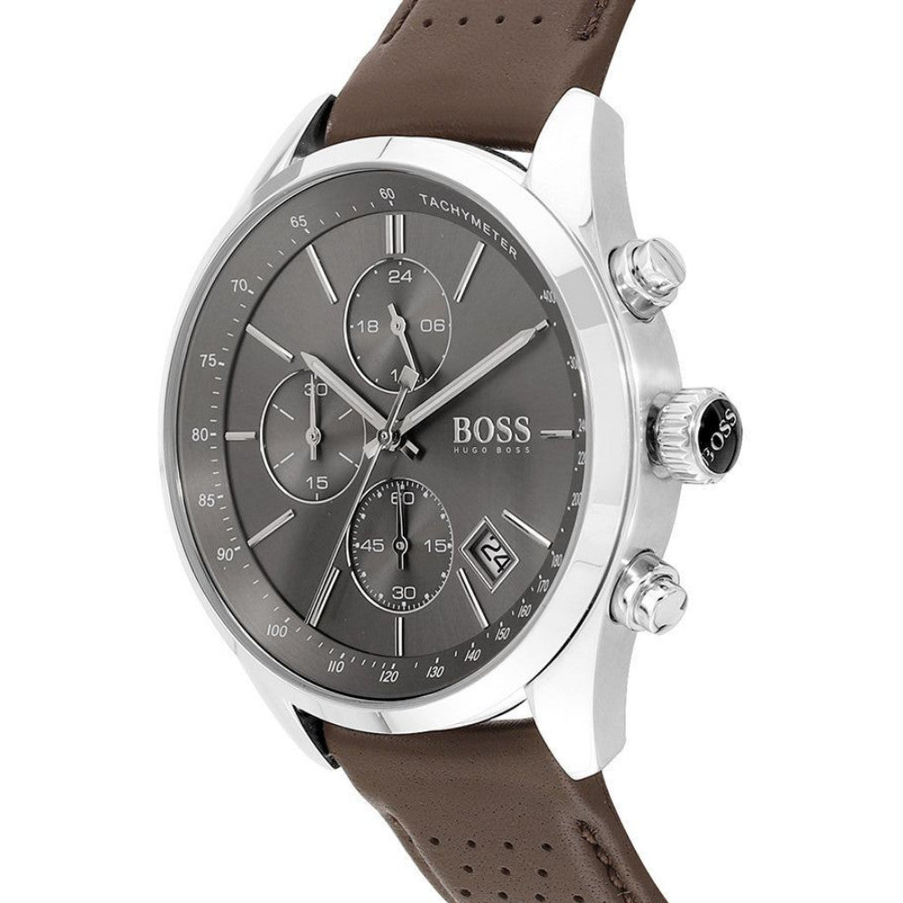 Shop Authentic Hugo Boss Grand Prix Grey Dial Brown Leather Strap Watch for Men - 1513476 - Luxxuri