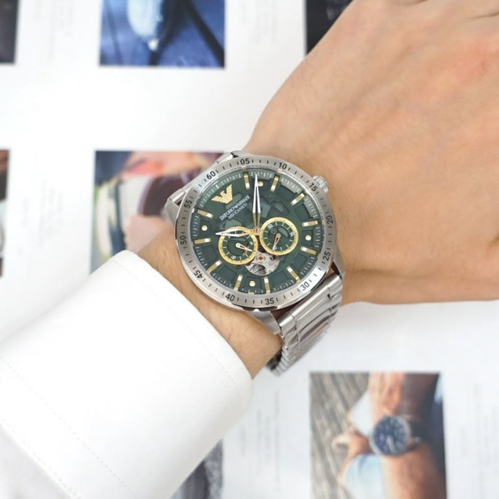 Emporio Armani Meccanico Automatic Green Dial Silver Steel Strap Watch For Men - AR60053