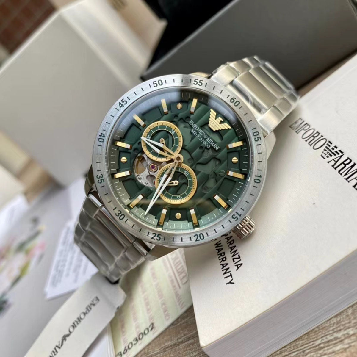 Emporio Armani Meccanico Automatic Green Dial Silver Steel Strap Watch For Men - AR60053