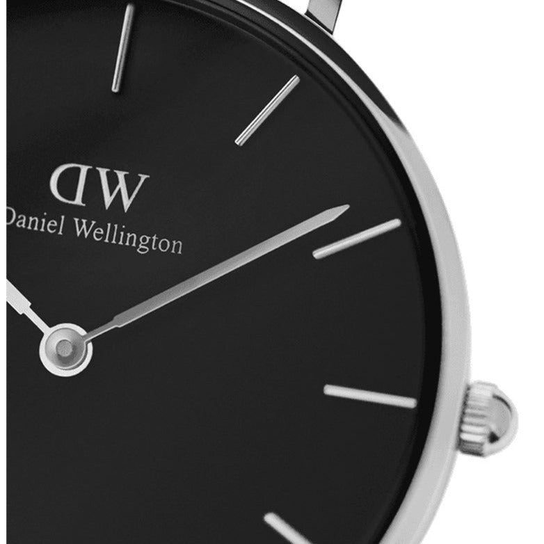 Shop Authentic Daniel Wellington Classic Petite Sterling Black Dial Silver Mesh Bracelet Watch For Women - DW00100162 - Luxxuri