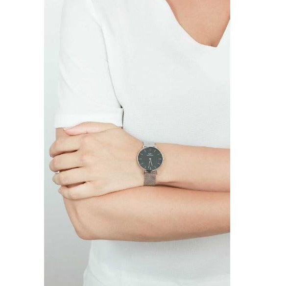 Shop Authentic Daniel Wellington Classic Petite Sterling Black Dial Silver Mesh Bracelet Watch For Women - DW00100162 - Luxxuri