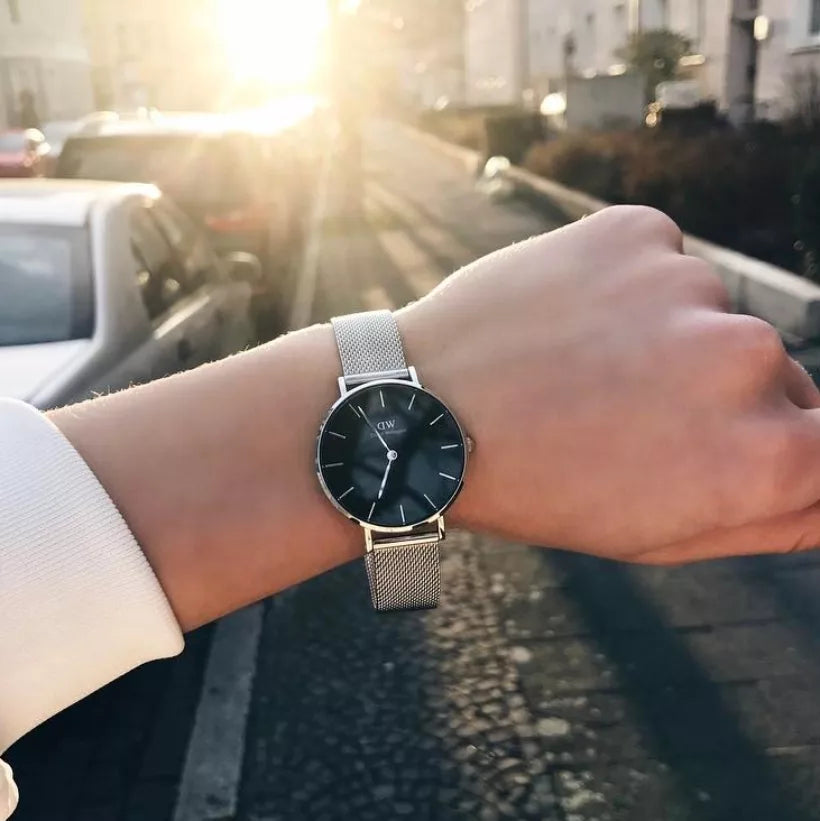 Shop Authentic Daniel Wellington Classic Petite Sterling Black Dial Silver Mesh Bracelet Watch For Women - DW00100162 - Luxxuri