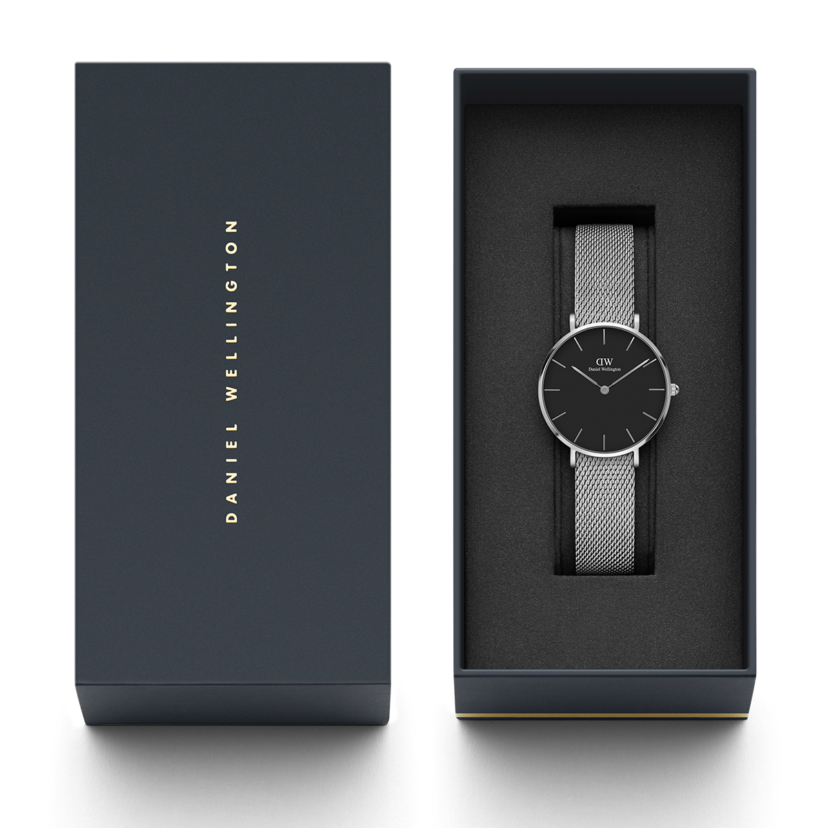 Shop Authentic Daniel Wellington Classic Petite Sterling Black Dial Silver Mesh Bracelet Watch For Women - DW00100162 - Luxxuri