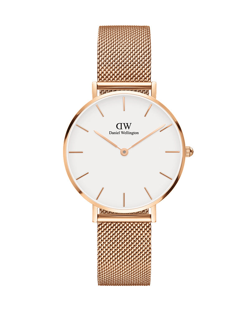 Shop Authentic Daniel Wellington Classic Petite Melrose White Dial Rose Gold Mesh Bracelet Watch For Women - DW00100163 - Luxxuri