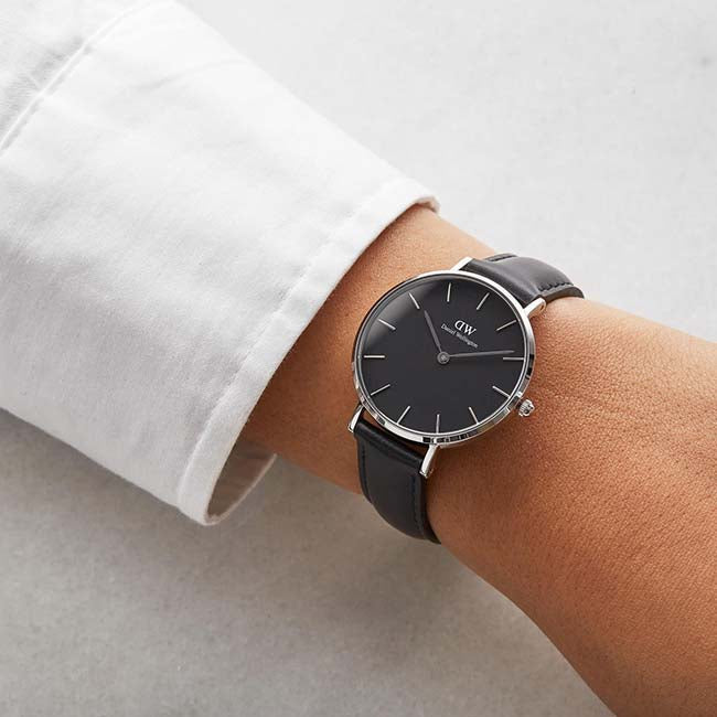 Shop Authentic Daniel Wellington Petite Sheffield Black Dial Black Leather Strap Watch For Women - DW00100180 - Luxxuri