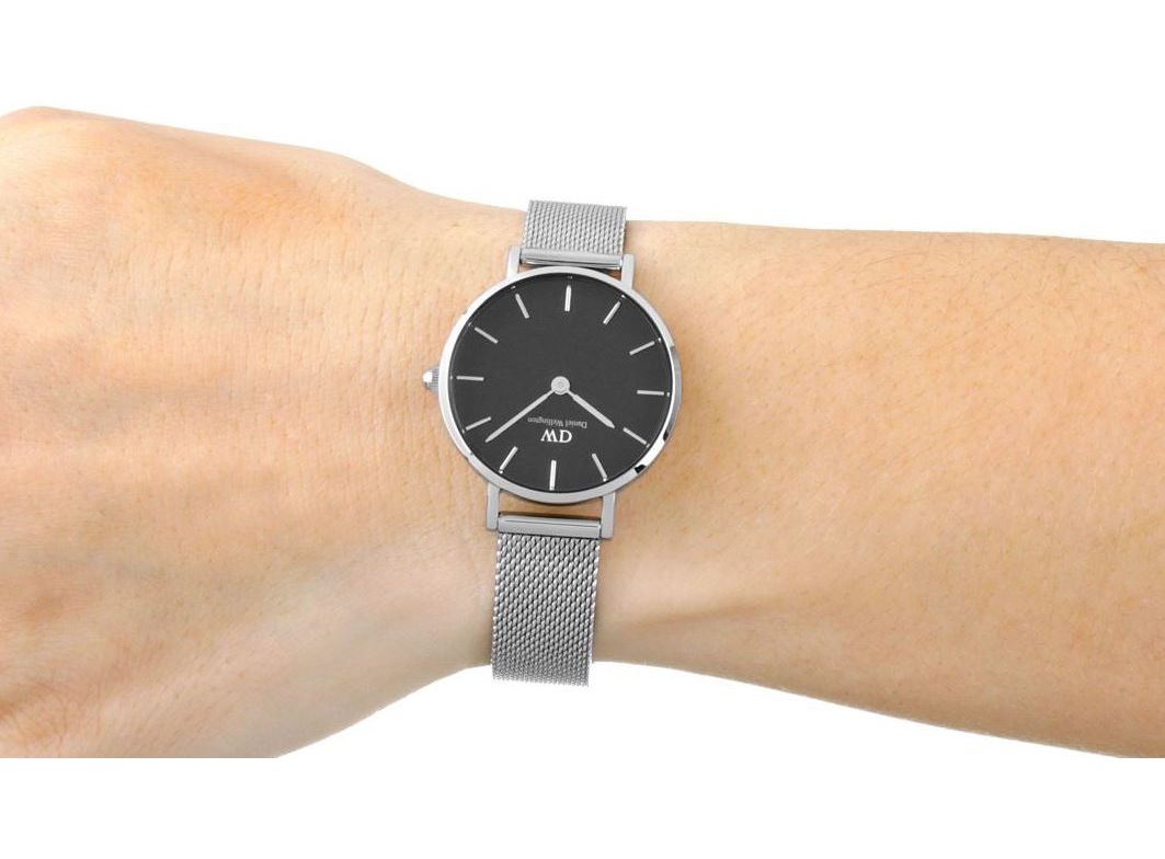 Shop Authentic Daniel Wellington Petite Sterling Black Dial Silver Mesh Bracelet Watch For Women - DW00100218 - Luxxuri