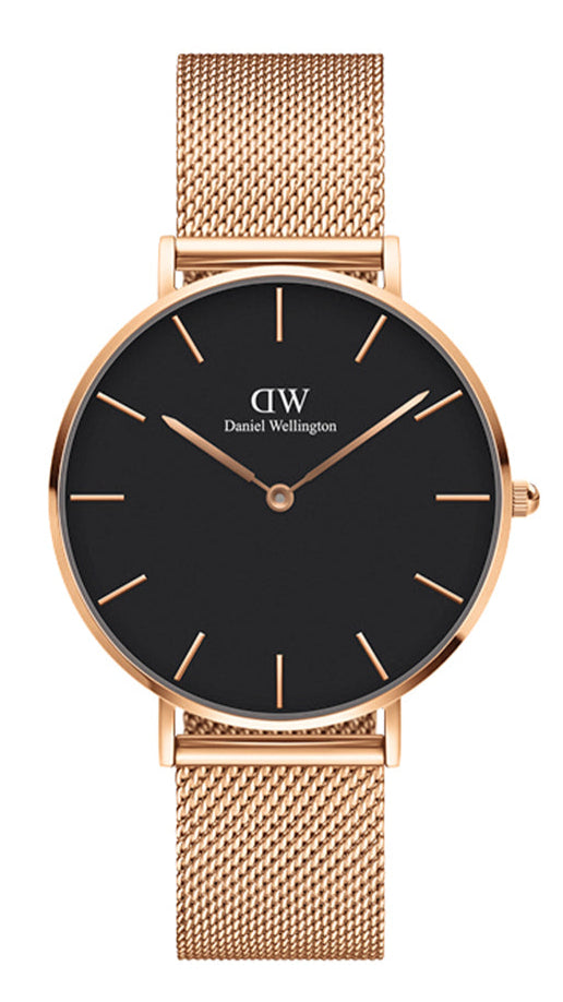 Shop Authentic Daniel Wellington Petite Melrose Black Dial Rose Gold Mesh Strap Watch For Women - DW00100303 - Luxxuri