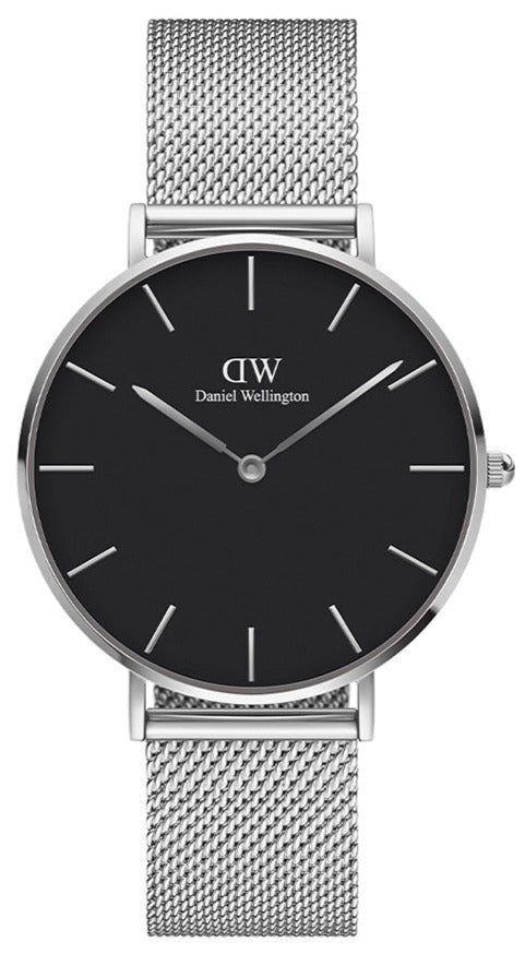 Shop Authentic Daniel Wellington Petite Sterling Black Dial Silver Mesh Bracelet Watch For Women - DW00100304 - Luxxuri
