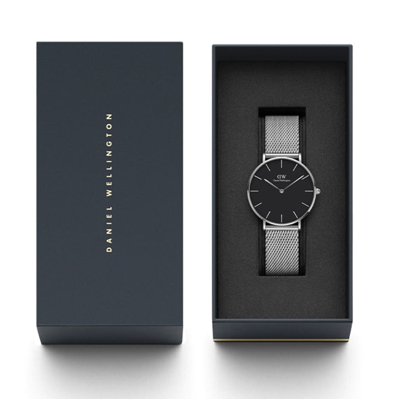 Shop Authentic Daniel Wellington Petite Sterling Black Dial Silver Mesh Bracelet Watch For Women - DW00100304 - Luxxuri