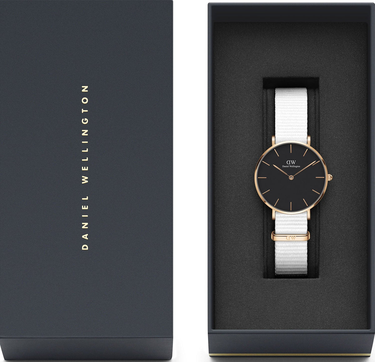 Shop Authentic Daniel Wellington Classic Petite Dover Black Dial White NATO Strap Watch For Women - DW00100312 - Luxxuri