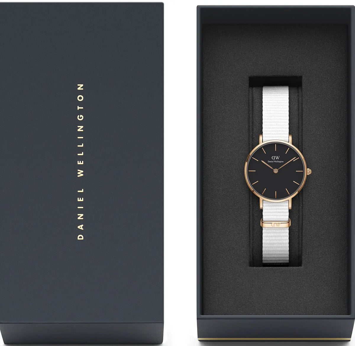 Shop Authentic Daniel Wellington Classic Petite Dover Black Dial White NATO Strap Watch For Women - DW00100314 - Luxxuri