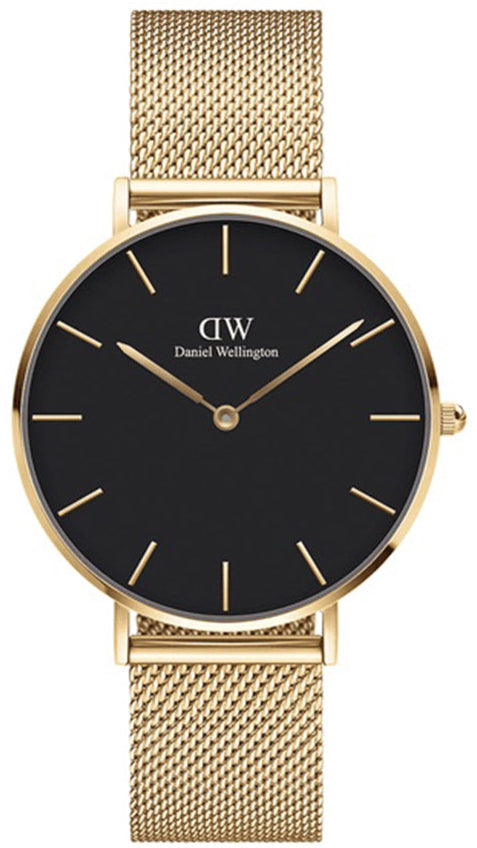 Daniel Wellington Petite Evergold Black Dial Gold Mesh Strap Watch For Women - DW00100345