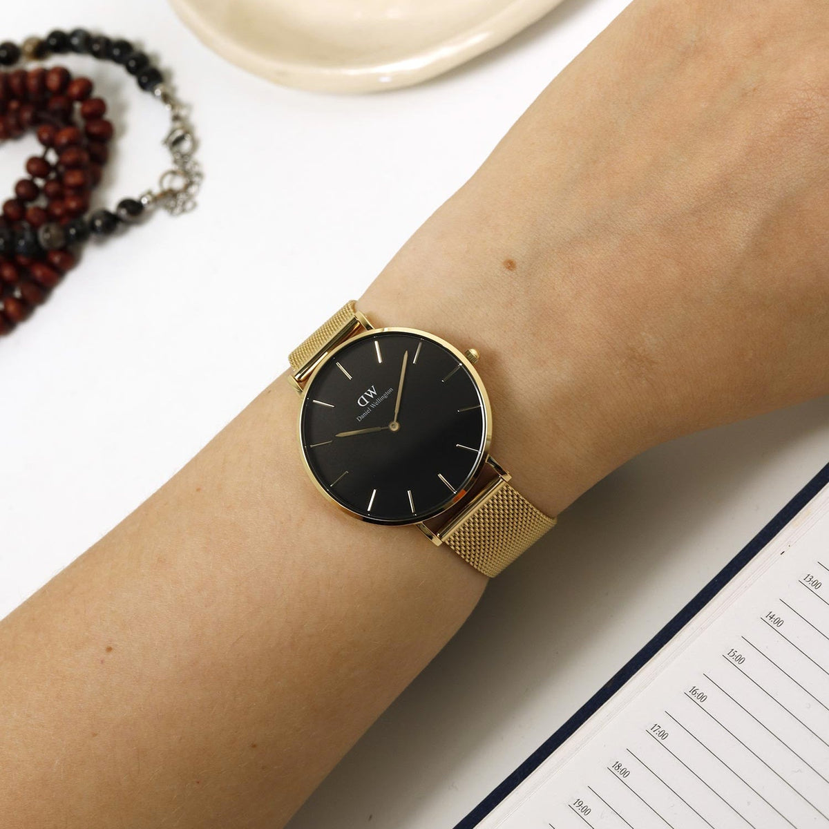 Shop Authentic Daniel Wellington Petite Evergold Black Dial Gold Mesh Strap Watch For Women - DW00100345 - Luxxuri