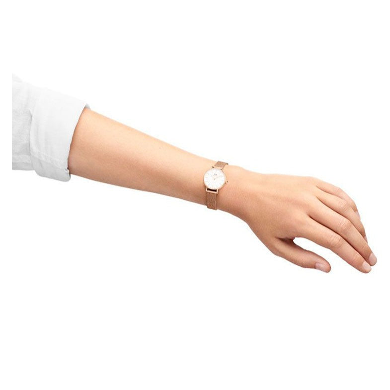 Shop Authentic Daniel Wellington Petite Pressed Melrose White Dial Gold Mesh Bracelet Watch For Women - DW00100447 - Luxxuri