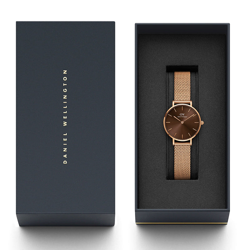 Shop Authentic Daniel Wellington Petite Amber Brown Dial Gold Mesh Strap Watch For Women - DW00100476 - Luxxuri