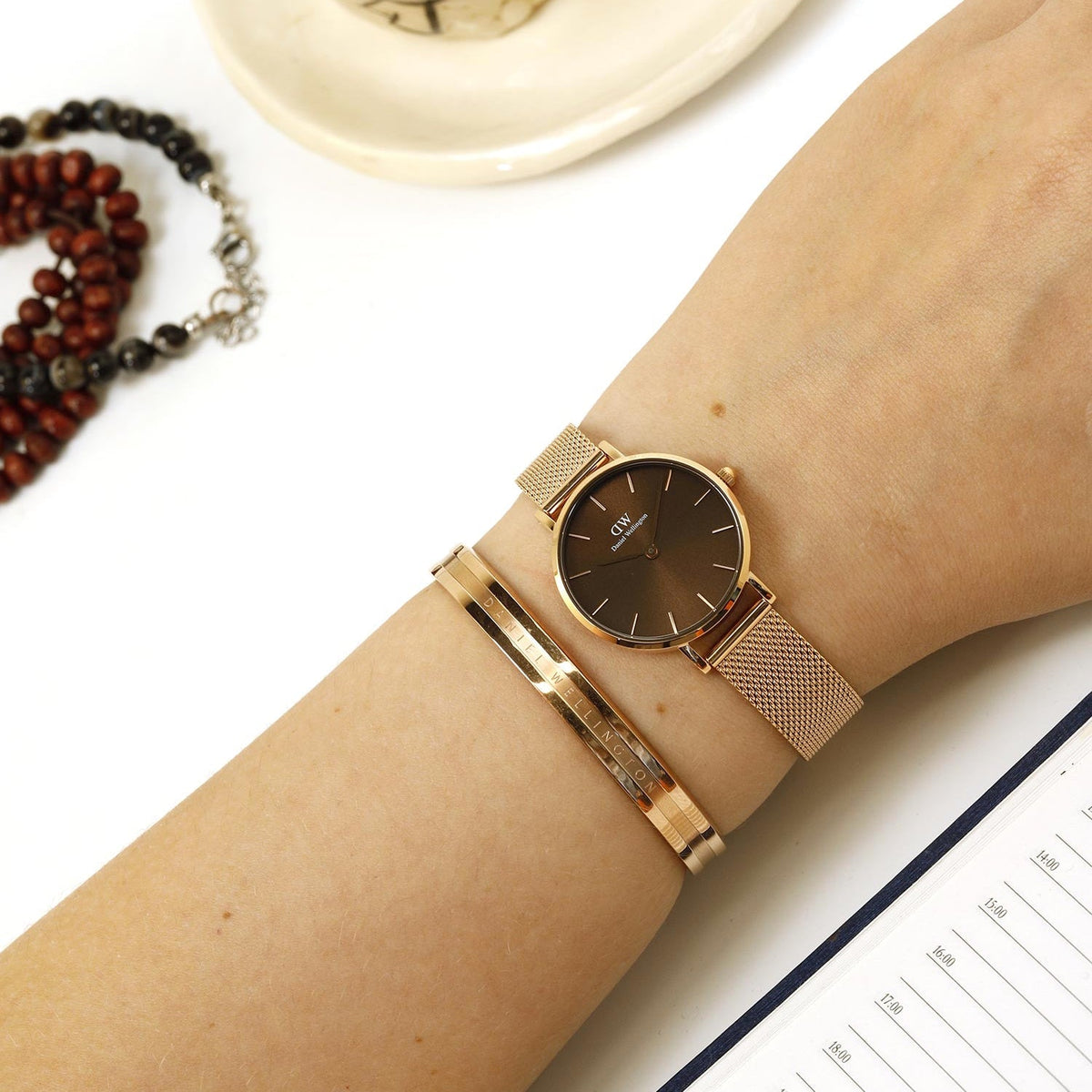 Shop Authentic Daniel Wellington Petite Amber Brown Dial Gold Mesh Strap Watch For Women - DW00100476 - Luxxuri