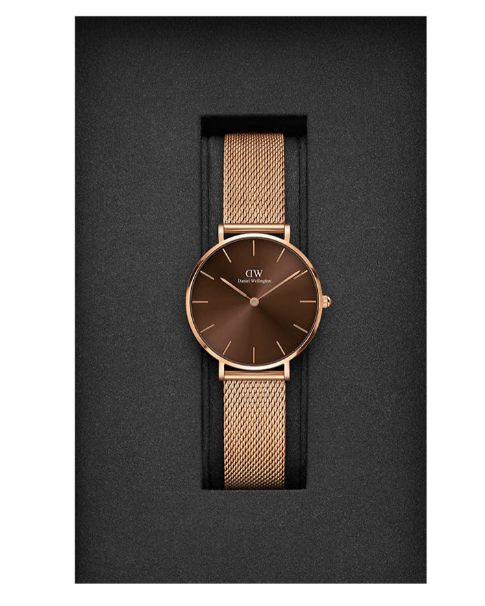 Shop Authentic Daniel Wellington Petite Melrose Brown Dial Rose Gold Mesh Strap Watch For Women - DW00100477 - Luxxuri