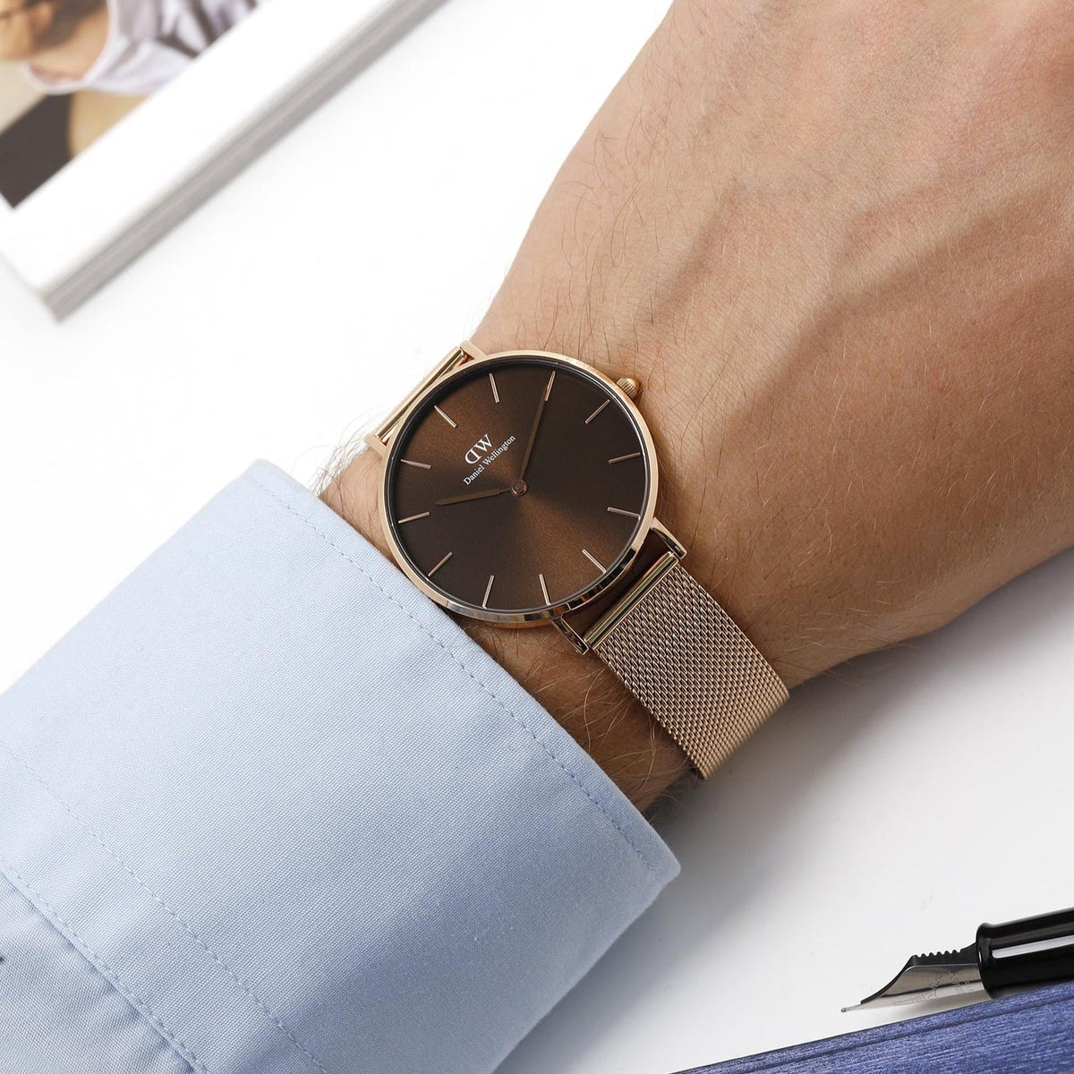 Shop Authentic Daniel Wellington Petite Amber Brown Dial Rose Gold Mesh Strap Watch for Women - DW00100478 - Luxxuri