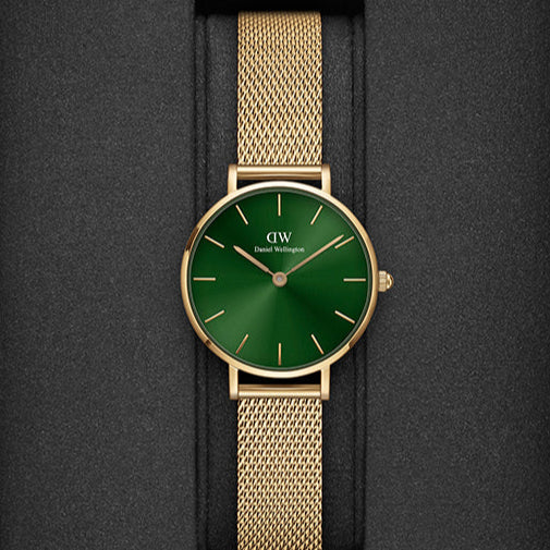 Shop Authentic Daniel Wellington Petite Emerald Green Dial Gold Mesh Strap Watch For Women - DW00100479 - Luxxuri