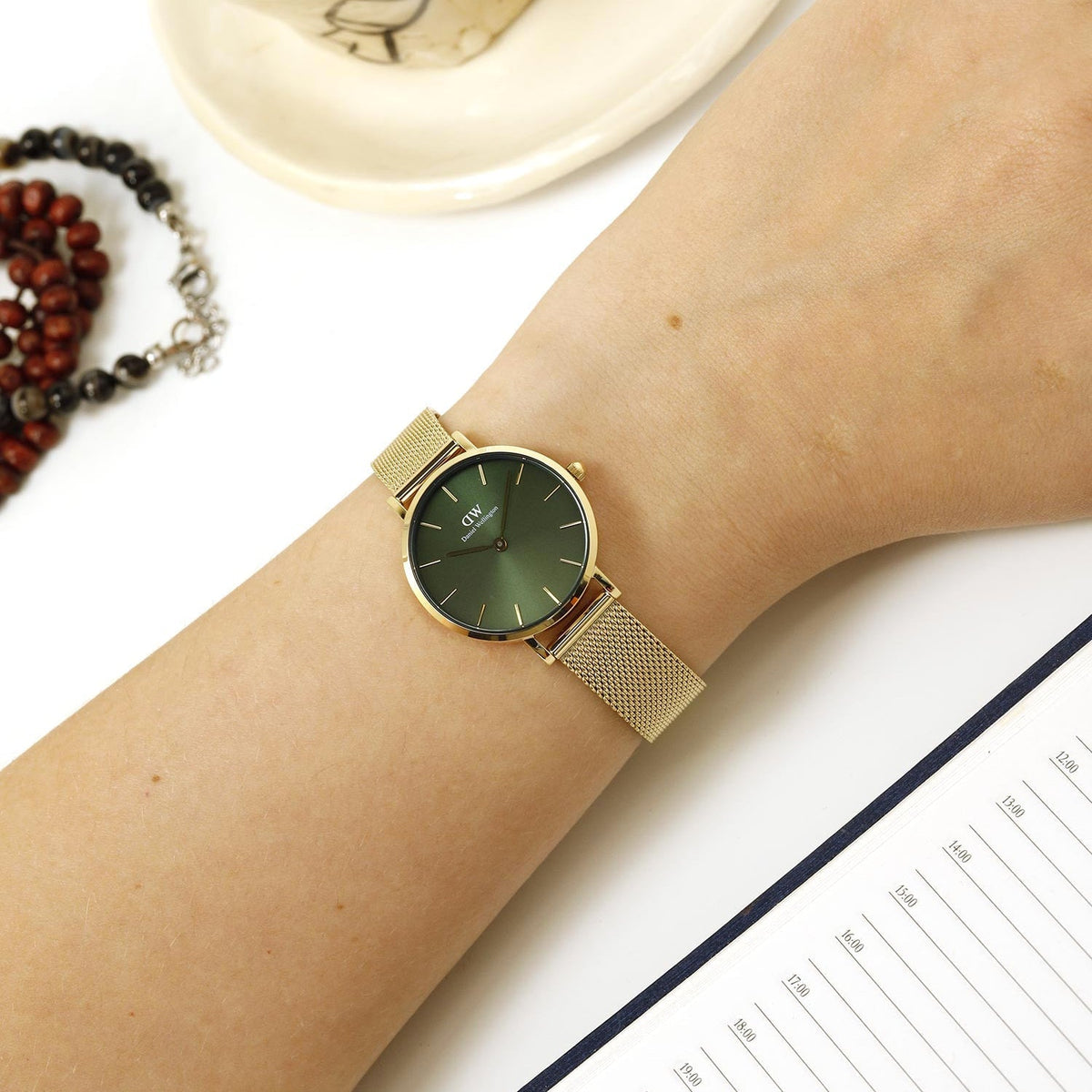 Shop Authentic Daniel Wellington Petite Emerald Green Dial Gold Mesh Strap Watch For Women - DW00100479 - Luxxuri