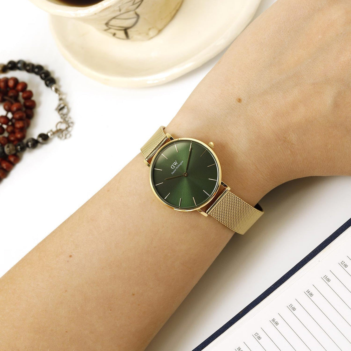 Shop Authentic Daniel Wellington Petite Emerald Green Dial Gold Mesh Strap Watch For Women - DW00100480 - Luxxuri