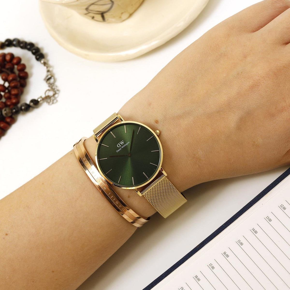 Shop Authentic Daniel Wellington Petite Emerald Green Dial Gold Mesh Strap Watch For Women - DW00100481 - Luxxuri