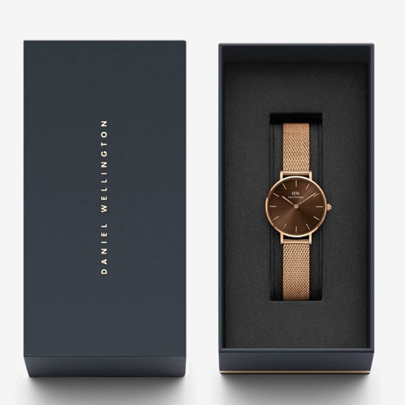 Shop Authentic Daniel Wellington Petite Amber Brown Dial Rose Gold Mesh Strap Watch for Women - DW00100478 - Luxxuri