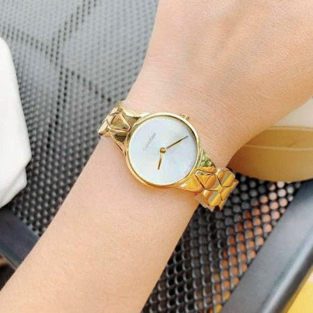 Shop Authentic Calvin Klein Snake Silver Dial Yellow Gold Steel Strap Watch For Women - K6E23546 - Luxxuri
