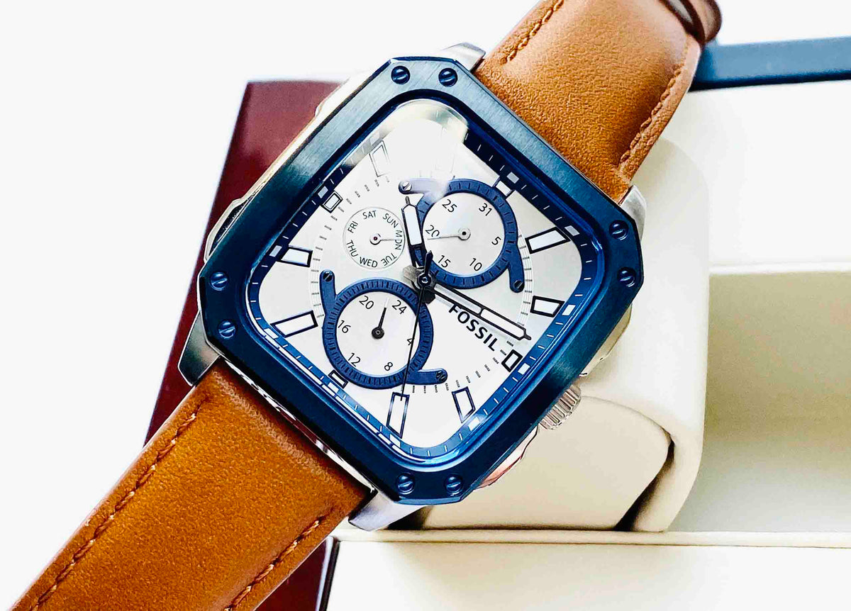 Shop Authentic Fossil Inscription Multifunction Silver Dial Brown Leather Strap Watch for Men - BQ2658 - Luxxuri