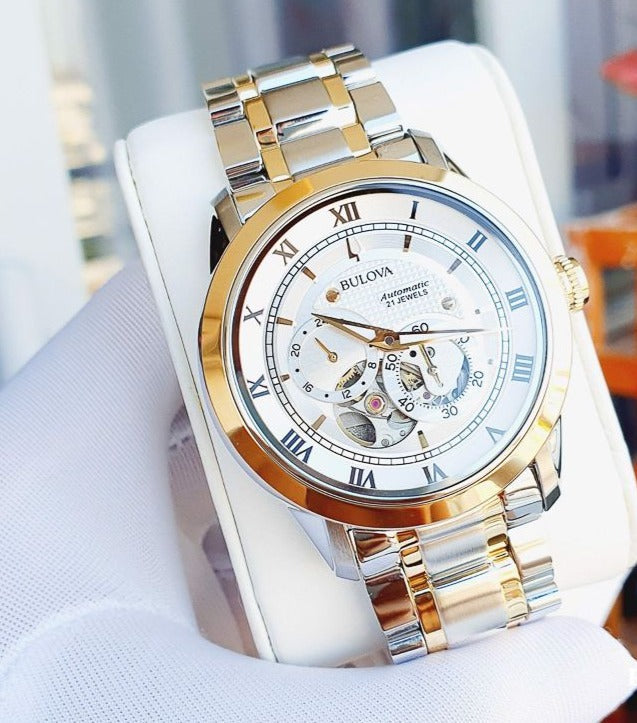 Shop Authentic Bulova BVA Skeleton Silver Dial Two Tone Steel Strap Watch for Men - 98A230 - Luxxuri