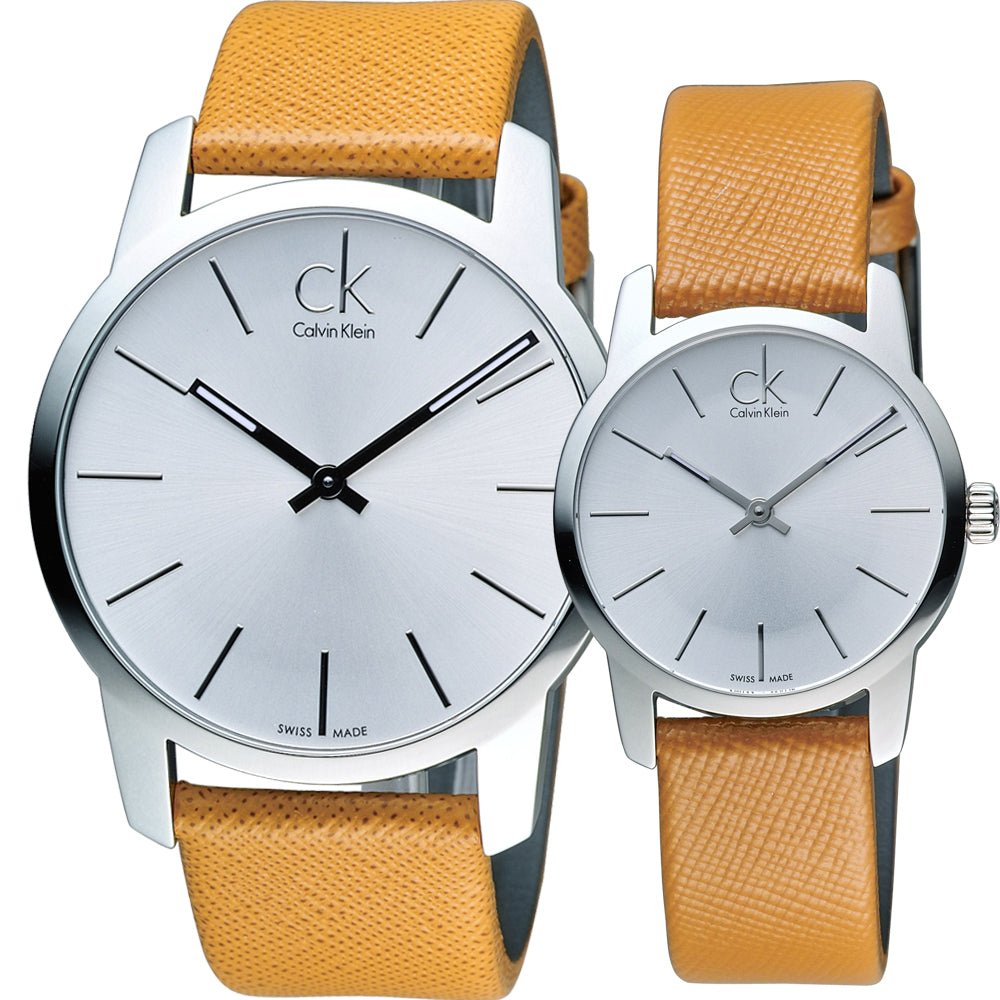 Shop Authentic Calvin Klein City Silver Dial Light Brown Leather Strap Watch For Women- K2G23120 - Luxxuri
