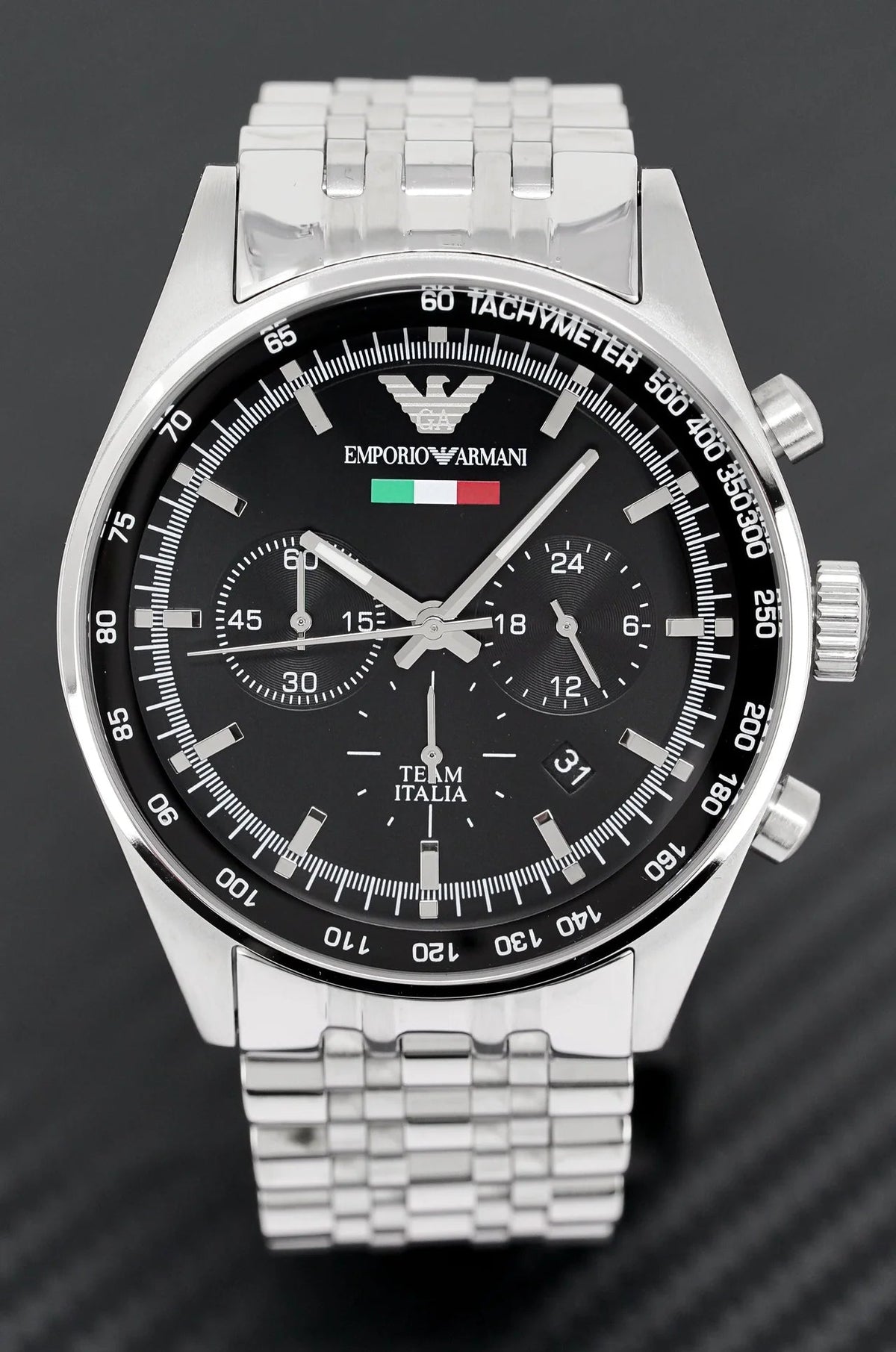 Shop Authentic Emporio Armani Sportivo Chronograph Black Dial Silver Steel Strap Watch For Men - AR5984 - Luxxuri