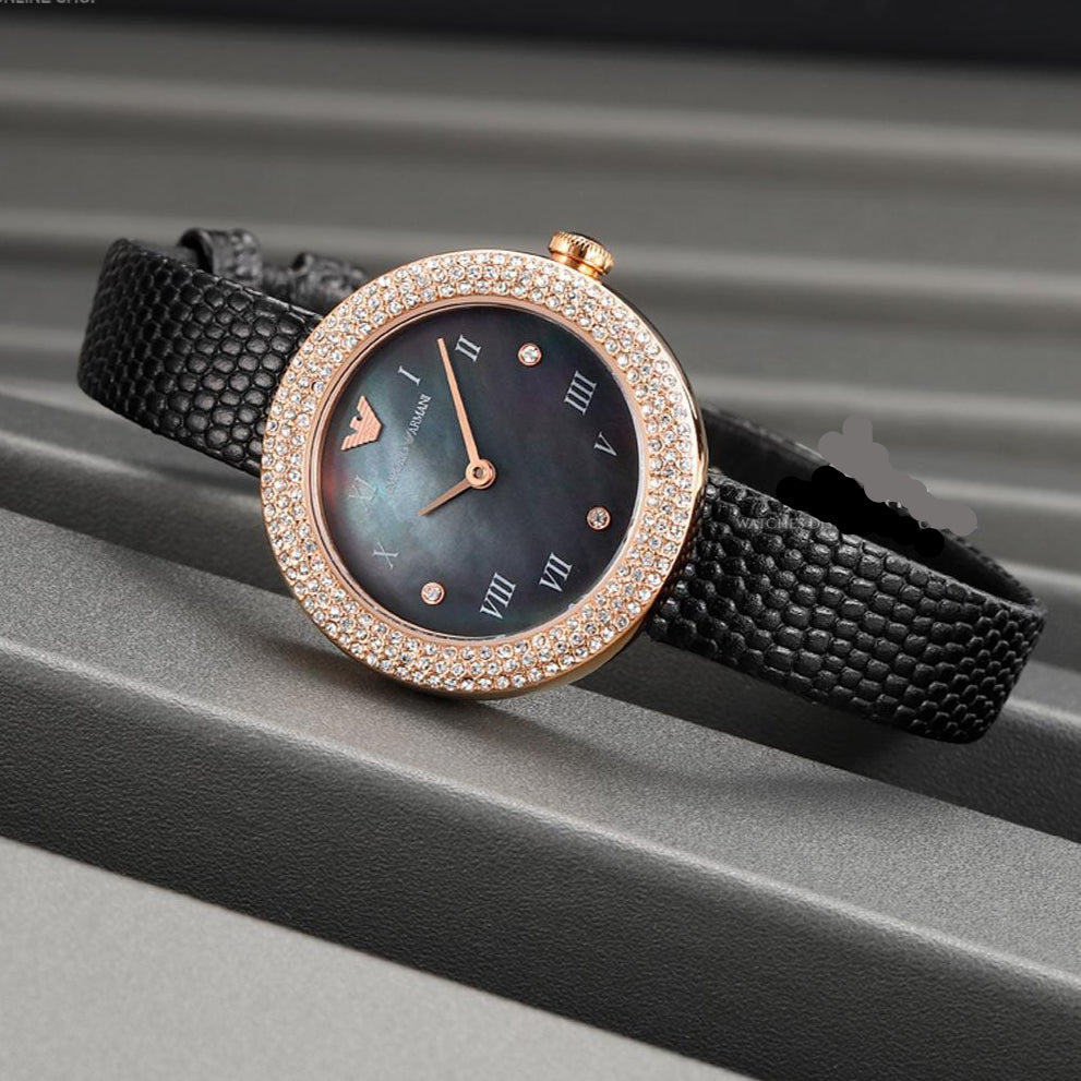 Shop Authentic Emporio Armani Aviator Crystals Mother of Pearl Black Dial Black Silicon Strap Watch For Women - AR11373 - Luxxuri