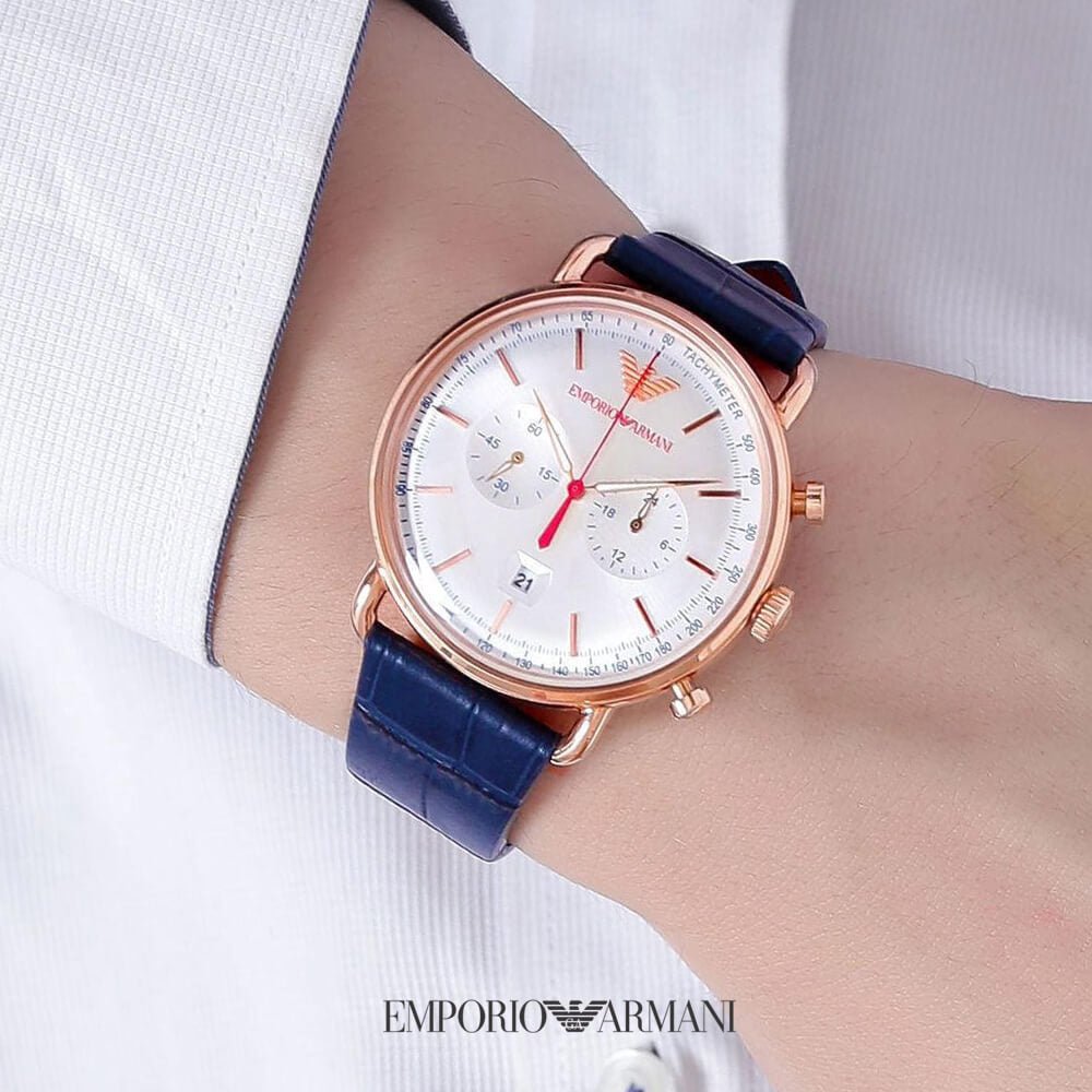 Shop Authentic Emporio Armani Aviator Silver Dial Blue Leather Strap Watch For Men - AR11123 - Luxxuri