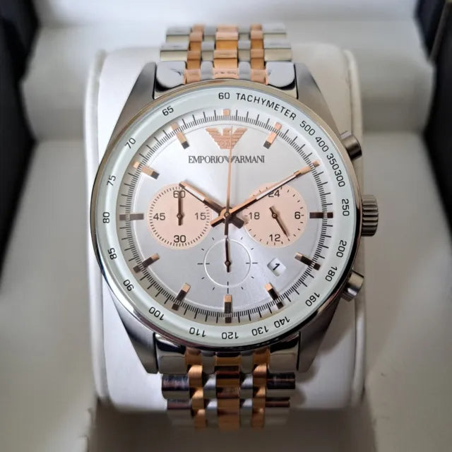 Shop Authentic Emporio Armani Sportivo Chronograph Silver Dial Two Tone Steel Strap Watch For Men - AR5999 - Luxxuri
