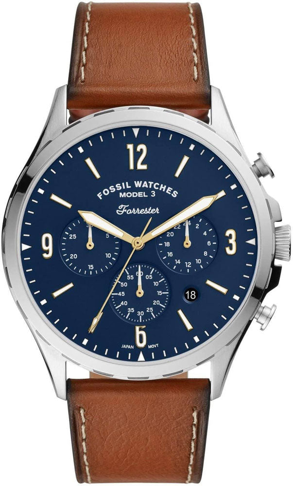 Fossil Forrester Chronograph Blue Dial Brown Leather Strap Watch for Men - S5607