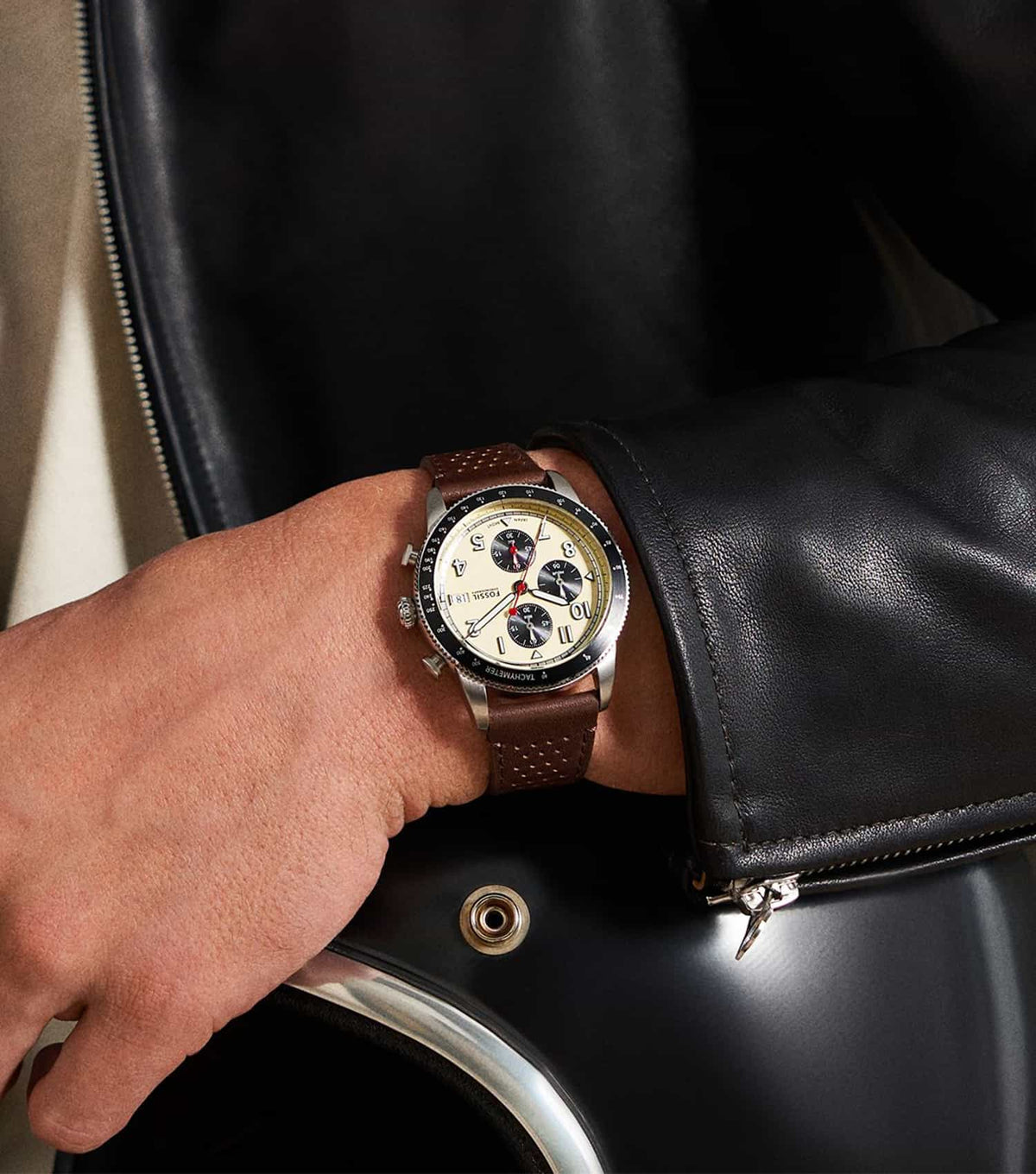 Shop Authentic Fossil Sport Tourer Chronograph White Dial Brown Leather Strap Watch for Men - FS6042 - Luxxuri