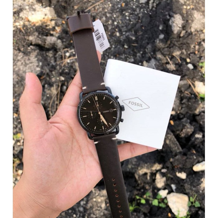 Fossil Commuter Chronograph Black Dial Brown Leather Strap Watch for Men - FS5403