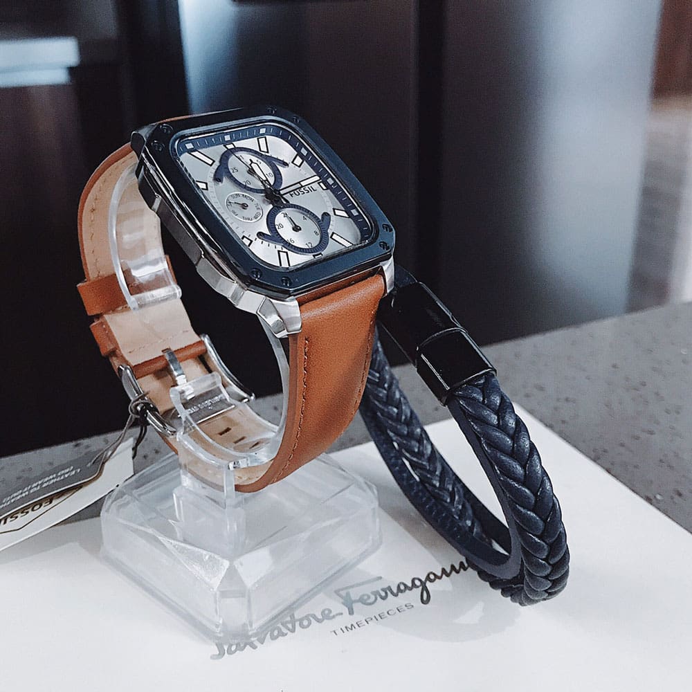 Shop Authentic Fossil Inscription Multifunction Silver Dial Brown Leather Strap Watch for Men - BQ2658 - Luxxuri