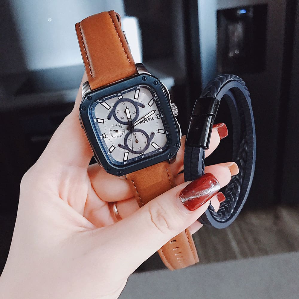 Shop Authentic Fossil Inscription Multifunction Silver Dial Brown Leather Strap Watch for Men - BQ2658 - Luxxuri