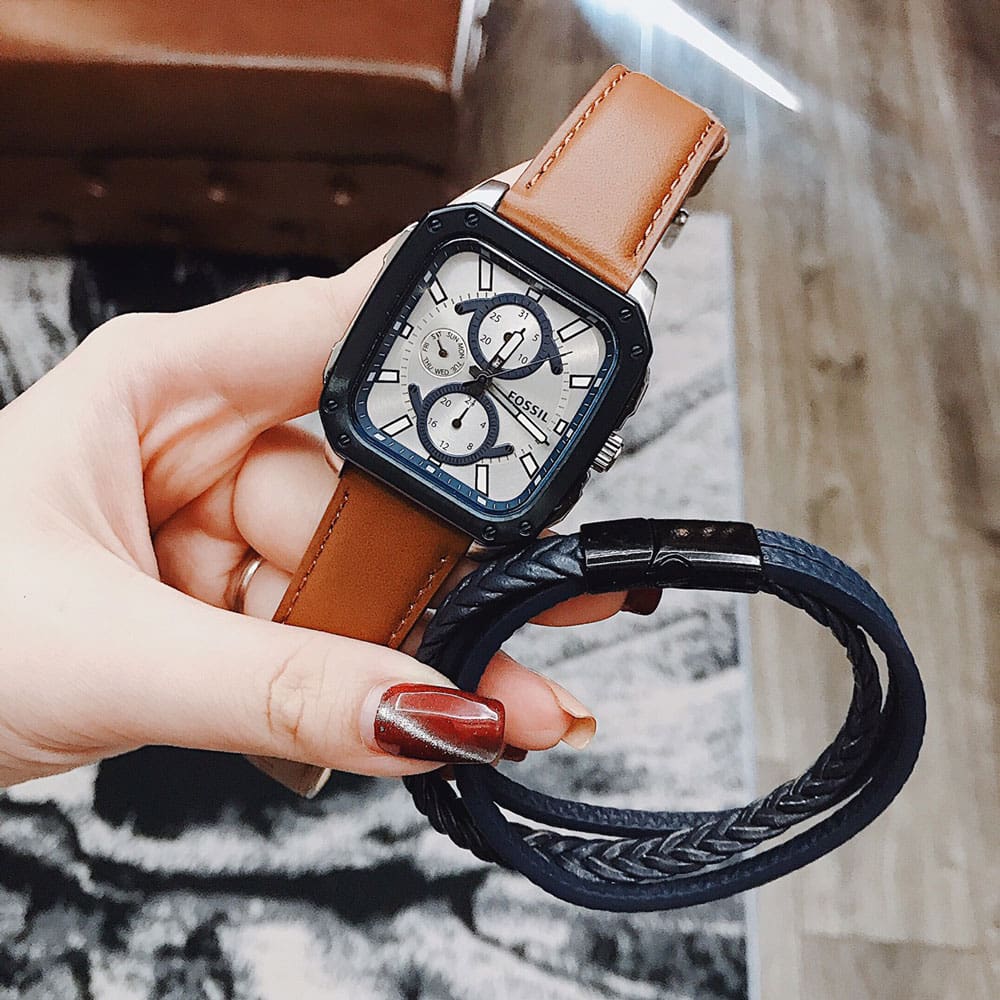 Shop Authentic Fossil Inscription Multifunction Silver Dial Brown Leather Strap Watch for Men - BQ2658 - Luxxuri