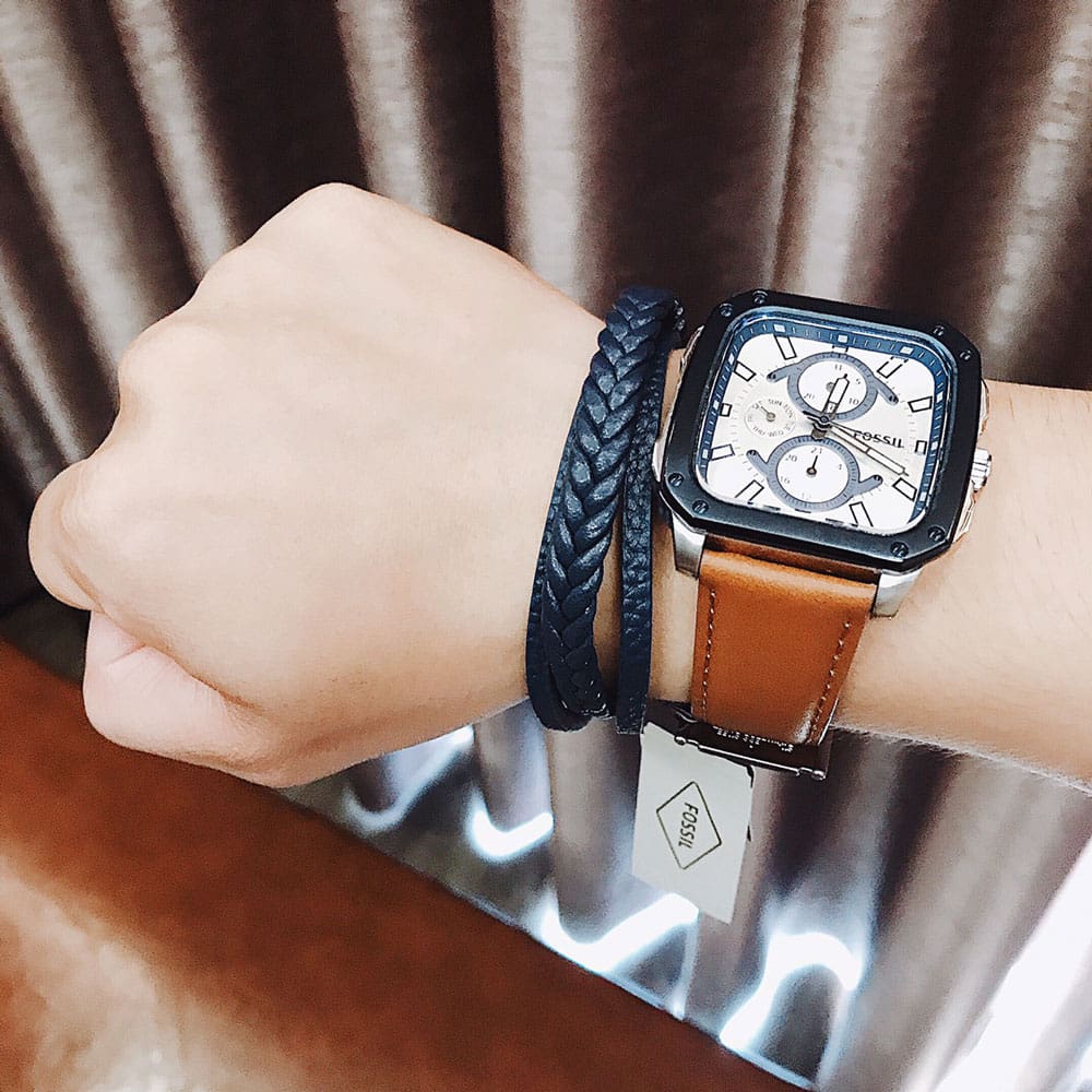Shop Authentic Fossil Inscription Multifunction Silver Dial Brown Leather Strap Watch for Men - BQ2658 - Luxxuri