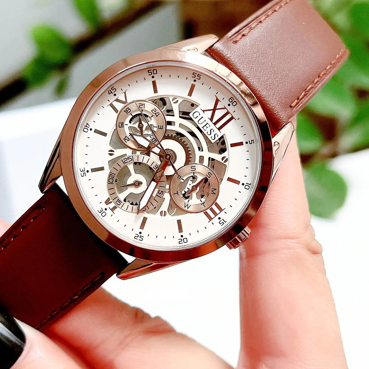 Shop Authentic Guess Multi-Function Chronograph White Dial Brown Leather Strap Watch For Men - GW0389G8 - Luxxuri