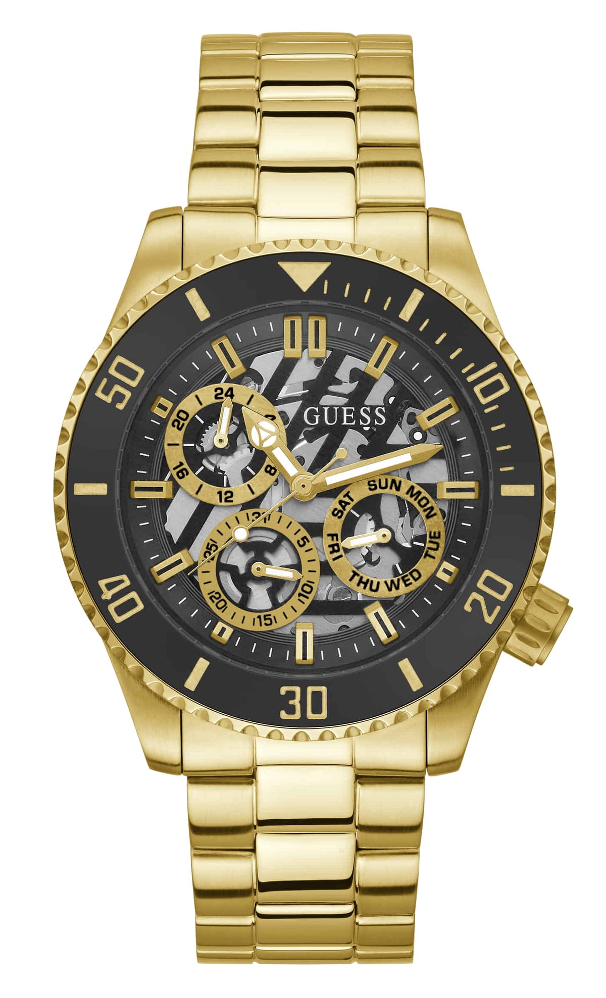 Shop Authentic Guess Axle Multifunction Black Dial Gold Steel Strap Watch For Men - GW0488G2 - Luxxuri